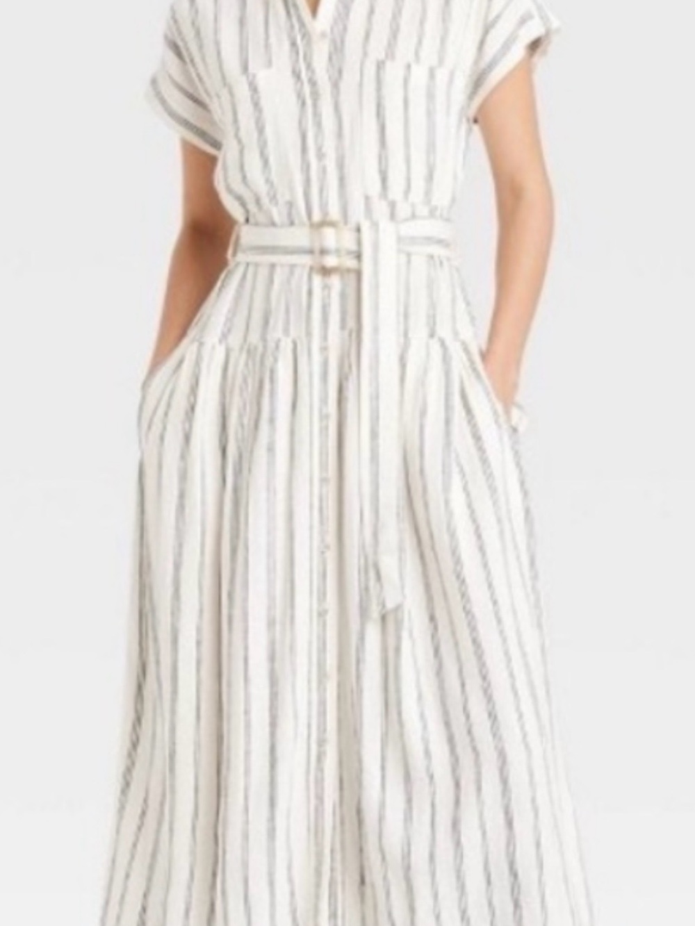 Universal Thread White and Gray Striped Maxi Shirt Dress with Belt